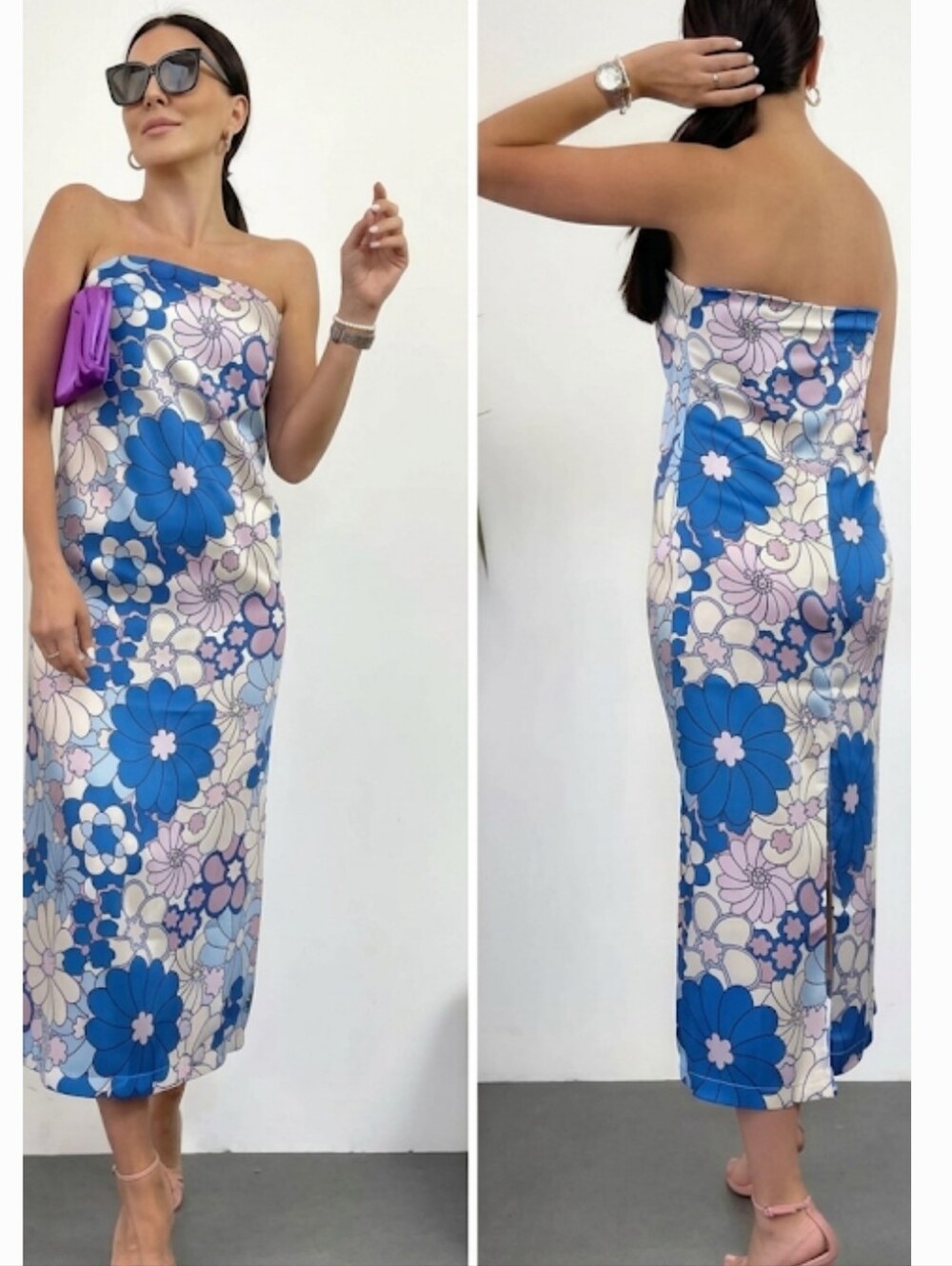 Zara NWT Blue Floral Strapless Slip Dress Midi XS Retro Mod Print